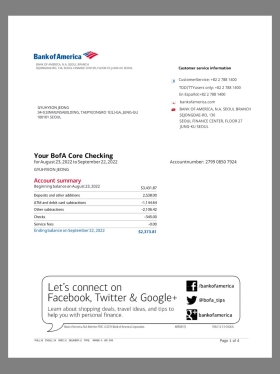 South Korea BOA Bank Statement韩国银行账单pdf模板(English)