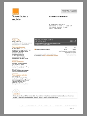 欧盟|France Orange Mobile Utility Bills法国话费账单/水电费账单pdf模板