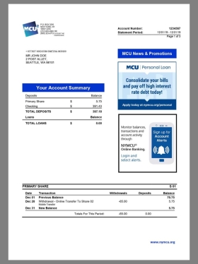 美国MCU Bank Statement银行账单/KYC地址证明word模板