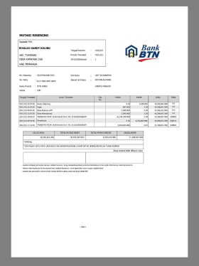 东南亚| Indonesia BTN Bank Statement印度尼西亚/印尼银行账单pdf模板