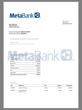 美国Metabank Statement银行账单/KYC地址证明word模板