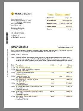 南亚|Nepal Siddhartha Bank Statement尼泊尔银行账单pdf模板