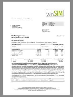 欧盟|Germany WinSIM Mobile Invoice德国话费账单/KYC地址证明pdf模板