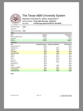 The Texas A&M University Paystub美国大学教授收入证明/工资账单PDF模板