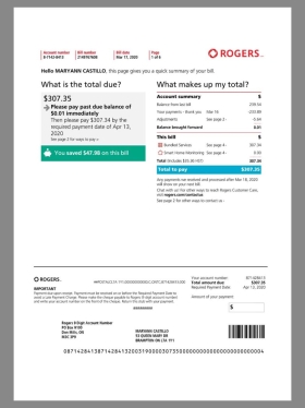 北美|Canada Rogers Telecom Utility Bills加拿大话费水电费账单word/pdf模板