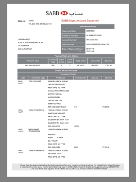 中东|Saudi Arabia SABB Bank Statement沙特银行账单pdf模板