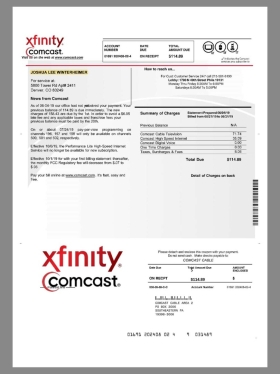 USA Xfinity Comcast Invoice美国无线通信电视/宽带/话费账单pdf模板