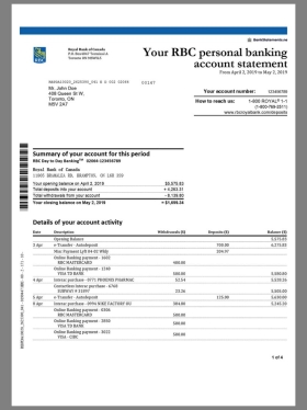 加拿大Canada RBC Bank Statement银行账单/KYC地址证明word模板